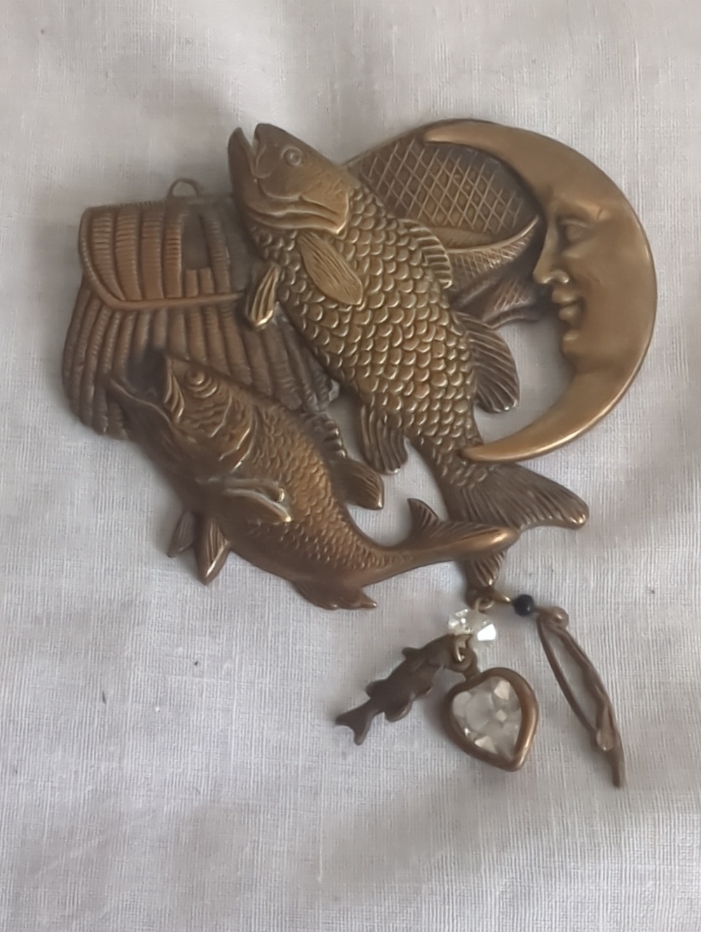 Bronze Tone Fish and Crescent Moon Brooch Pin Dangle Accessory